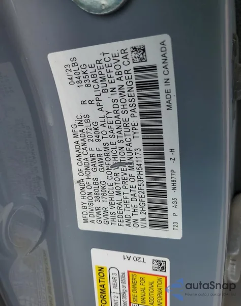 2023 Honda Civic Sport из США, поврежденный, VIN 2HGFE2F53PH541173